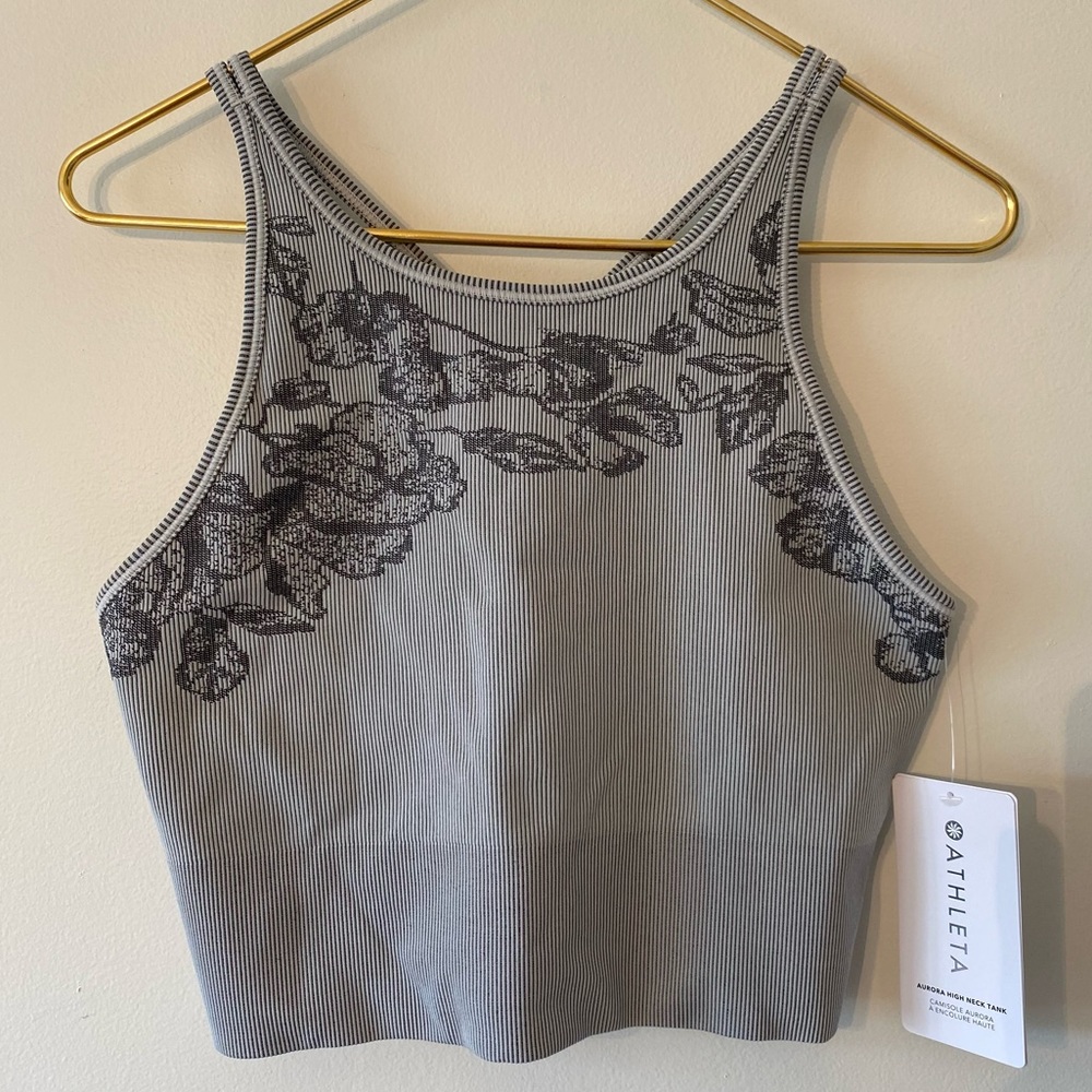Athleta gray ribbed, floral-patterned “Aurora High Neck Tank”